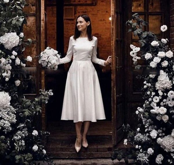 long sleeves a-line satin wedding dresses vintage spring bridal gowns tea length tailor made bride vestido de novia mariage 2022, White
long sleeves a-line satin wedding dresses vintage spring bridal gowns tea length tailor made bride vestido de novia mariage 2022, White