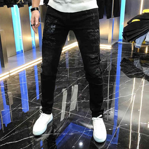 jean men's brem pants in autumn individual hole embroidered bat elastic label thin black belt leggings, Blue
jean men's brem pants in autumn individual hole embroidered bat elastic label thin black belt leggings, Blue