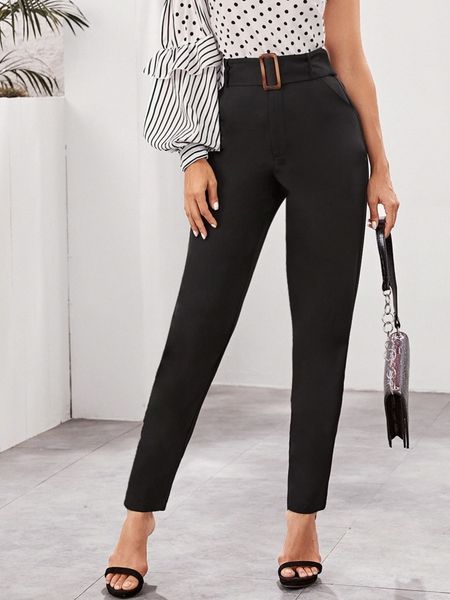 slant pocket belted pants 838y#, Black;white