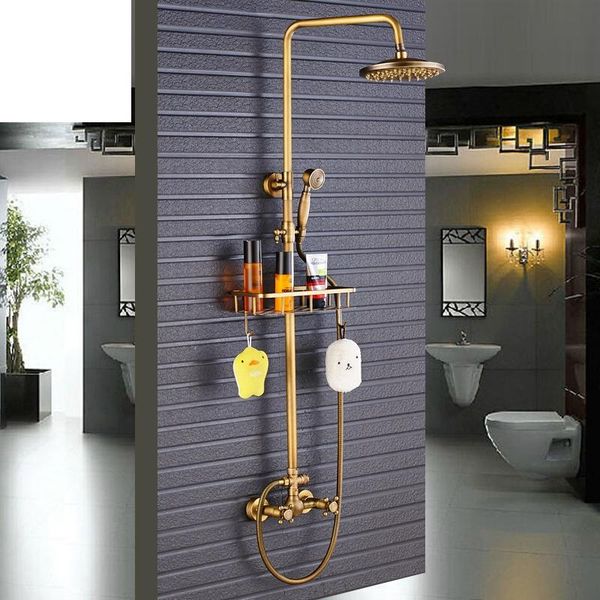 antique brass shower faucet mixers dual handle rainfall 8" head with bath storage shelf and hooks water tap bathroom sets
antique brass shower faucet mixers dual handle rainfall 8" head with bath storage shelf and hooks water tap bathroom sets