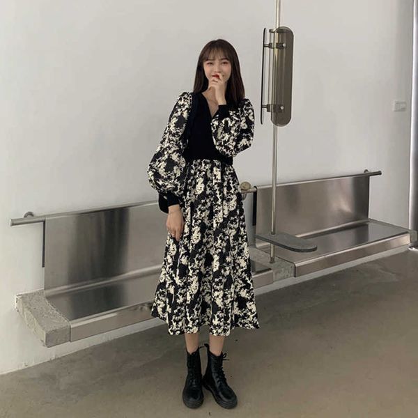 early autumn stitching fake two piec of bubble sleeve floral dr's high waist temperament long skirt, Black;gray
early autumn stitching fake two piec of bubble sleeve floral dr's high waist temperament long skirt, Black;gray