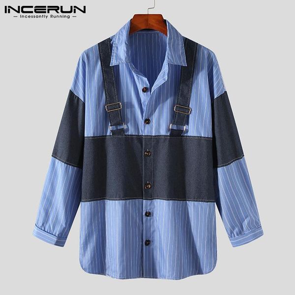 men casual shirt denim patchwork striped lapel long sleeve camisa personality streetwear leisure shirts incerun s-5xl men's, White;black
men casual shirt denim patchwork striped lapel long sleeve camisa personality streetwear leisure shirts incerun s-5xl men's, White;black