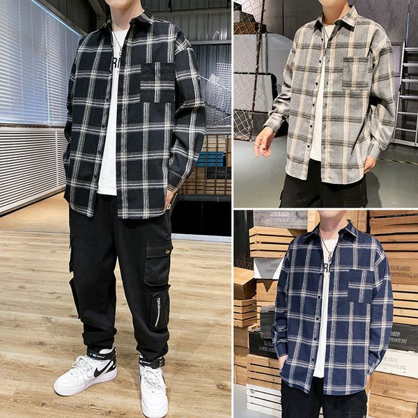 and spring autumn men's korean loose long sleeve trend plaid shirt casual youth wear, White;black
and spring autumn men's korean loose long sleeve trend plaid shirt casual youth wear, White;black