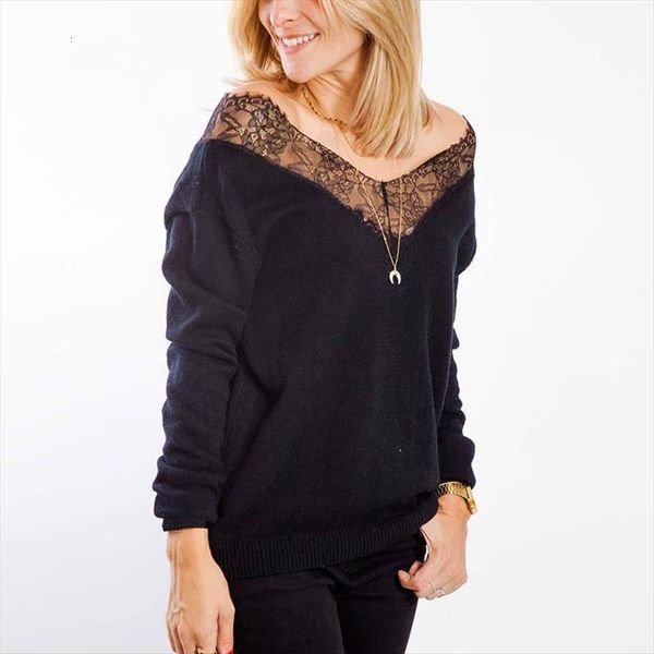 women v neck sweaters long sleeve lace patchwork loose pullover jumper sweat knitwear clothes, White;black
women v neck sweaters long sleeve lace patchwork loose pullover jumper sweat knitwear clothes, White;black