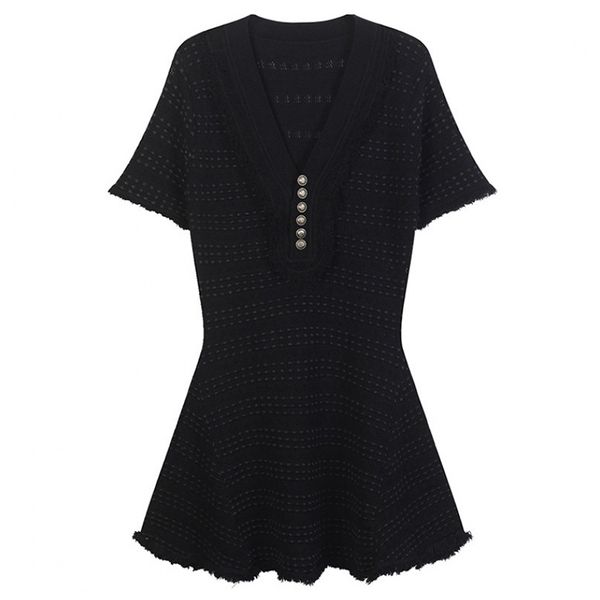 white black v neck button knitting short sleeve burr mini dress small fragrance summer elegant d1499 210514, Black;gray
white black v neck button knitting short sleeve burr mini dress small fragrance summer elegant d1499 210514, Black;gray