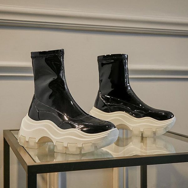 stretch ankle boots .5 cm heel thick platform shoes patent leather and special material women slip on, Black
stretch ankle boots .5 cm heel thick platform shoes patent leather and special material women slip on, Black
