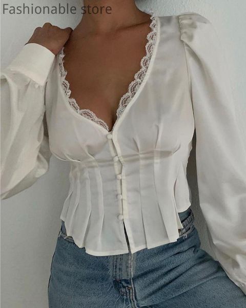 women's blouses & shirts women long sleeve blouse v neck lace hem ruched button front top, White