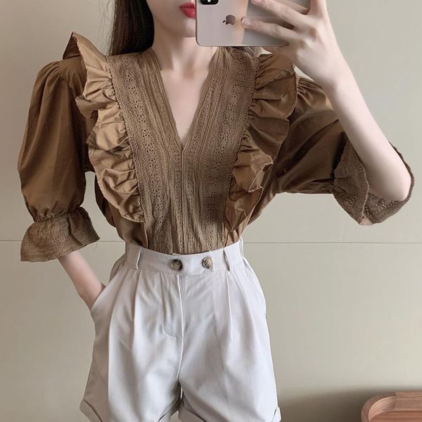 women's blouses & shirts ruffles lace blouse women v neck puff sleeve embroidery chic korean vintage white brown blusas mujer
women's blouses & shirts ruffles lace blouse women v neck puff sleeve embroidery chic korean vintage white brown blusas mujer
