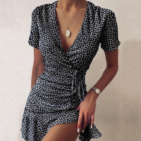 casual dresses women floral print dress deep v-neck bandage mini short sleeve vintage summer kleider #g2, Black;gray
casual dresses women floral print dress deep v-neck bandage mini short sleeve vintage summer kleider #g2, Black;gray