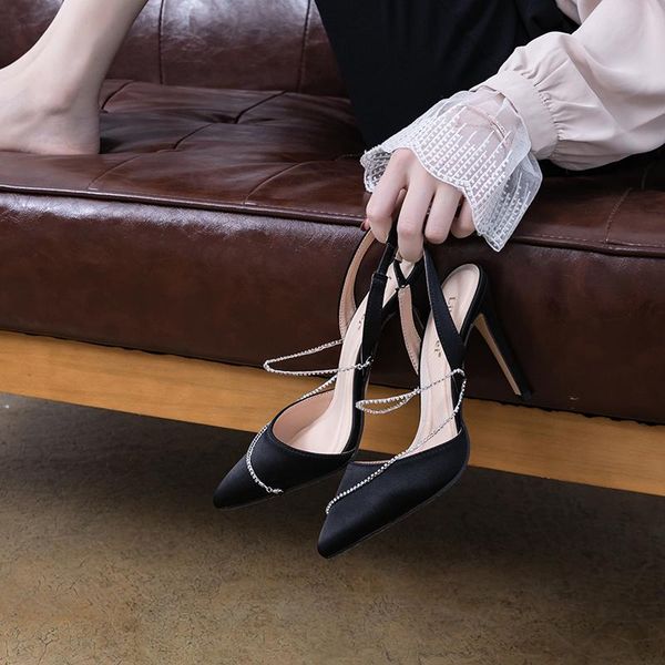 spring satin pointed toe rhinestone chain stiletto high-heeled shoes large size small banquet dress female sandals 31-44, Black
spring satin pointed toe rhinestone chain stiletto high-heeled shoes large size small banquet dress female sandals 31-44, Black