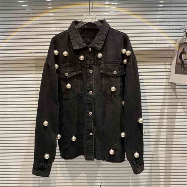 women pearl pendant stitching black denim coat long sleeve slim fashion spring summer 11b682 210525, Black;brown
women pearl pendant stitching black denim coat long sleeve slim fashion spring summer 11b682 210525, Black;brown
