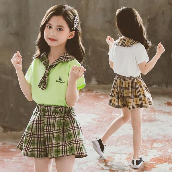 children's wear summer korean girls suit big children fashion plaid skirt outfits clothing set sets, White
children's wear summer korean girls suit big children fashion plaid skirt outfits clothing set sets, White
