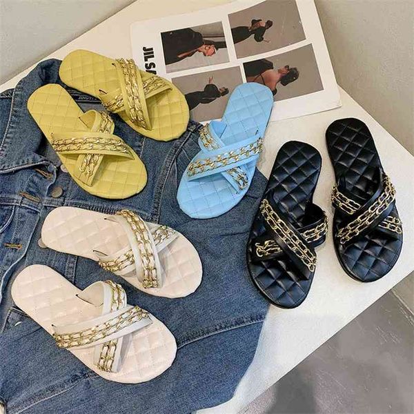 women outdoor beach slippers summer slides leather cross strap chain decor sewing plaid insole fashion trend shoes ladies 210619, Black
women outdoor beach slippers summer slides leather cross strap chain decor sewing plaid insole fashion trend shoes ladies 210619, Black
