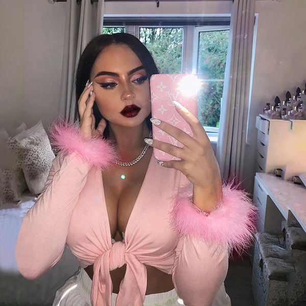 long sleeve fur v-neck wrapped bandage crop autumn winter women streetwear club party outfits t-shirts, White
long sleeve fur v-neck wrapped bandage crop autumn winter women streetwear club party outfits t-shirts, White