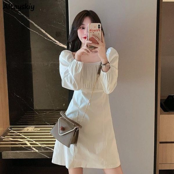 casual dresses solid women square collar ruched puff sleeve korean style elegant college vestido feminino slim female, Black;gray
casual dresses solid women square collar ruched puff sleeve korean style elegant college vestido feminino slim female, Black;gray