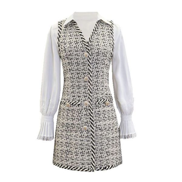 women set tweed two pieces sleeveless tank dress white black plaid mini skirt with shirt turn down collar t0126 210514, Black;gray
women set tweed two pieces sleeveless tank dress white black plaid mini skirt with shirt turn down collar t0126 210514, Black;gray