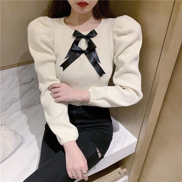 women's t-shirt autumn and winter bubble long sleeve bow pullover round neck slim short bottomed shirt women tshirt crop wear, White
women's t-shirt autumn and winter bubble long sleeve bow pullover round neck slim short bottomed shirt women tshirt crop wear, White