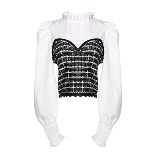 women stand collar puff sleeve blouse patchwork chic elegant cropped white b0738 210514
women stand collar puff sleeve blouse patchwork chic elegant cropped white b0738 210514