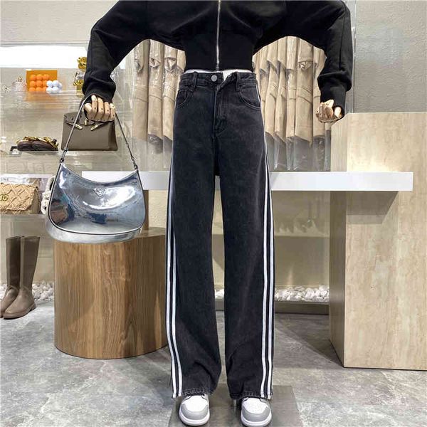 jeans niche design 2021 side bars waist high slacks straight style harbour slit show leg trousers, Blue
jeans niche design 2021 side bars waist high slacks straight style harbour slit show leg trousers, Blue