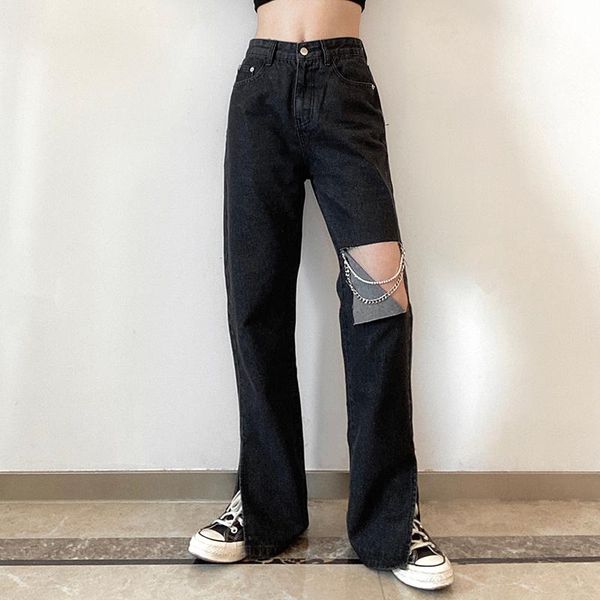 women's jeans knee hole with chain y2k black baggy pants high waist side split denim streetwear staright party, Blue
women's jeans knee hole with chain y2k black baggy pants high waist side split denim streetwear staright party, Blue