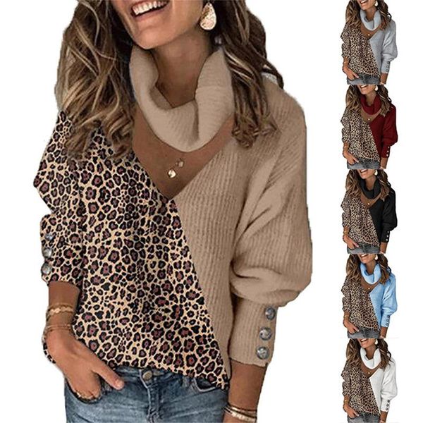 women's sweaters woman knitted leopard patchwork turtleneck pullover jumpers button long lantern sleeve loose women, White;black
women's sweaters woman knitted leopard patchwork turtleneck pullover jumpers button long lantern sleeve loose women, White;black