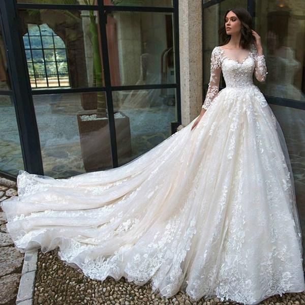 scoop neck long sleeves a line lace wedding dresses with appliques court train corset back plus size brial gowns, White
scoop neck long sleeves a line lace wedding dresses with appliques court train corset back plus size brial gowns, White