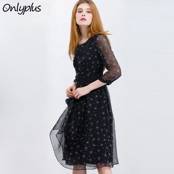 casual dresses only plus s-xxl long chiffon dress black star print midi women tunic ruffles holiday party vestido, Black;gray 
casual dresses only plus s-xxl long chiffon dress black star print midi women tunic ruffles holiday party vestido, Black;gray