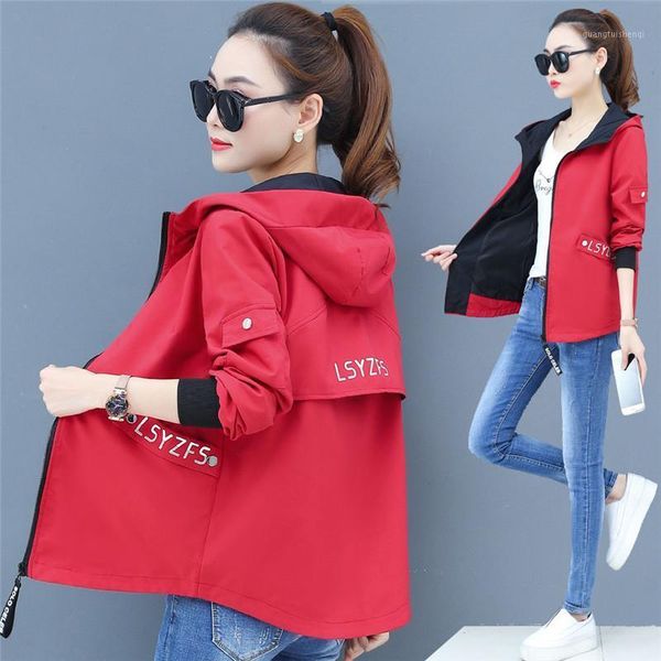 women's trench coats plus size hooded printed coat women 2021 casual windbreaker basic reversible baseball zippers outerwear female, Tan;black 
women's trench coats plus size hooded printed coat women 2021 casual windbreaker basic reversible baseball zippers outerwear female, Tan;black