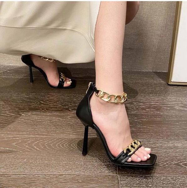 fashion gold chains sandals ankle strap thin high heel leather summer gladiators evening party pumps, Black
fashion gold chains sandals ankle strap thin high heel leather summer gladiators evening party pumps, Black