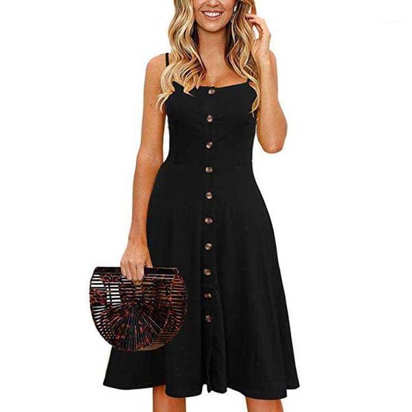 casual dresses 2021 summer women's thin shoulder strap buttoned dress, Black;gray