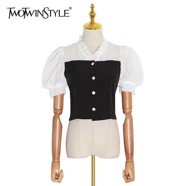 twotwinstyle elegant hit color shirt for women v neck short puff sleeve casual slim blouse female fashion clothing summer 210517, White
twotwinstyle elegant hit color shirt for women v neck short puff sleeve casual slim blouse female fashion clothing summer 210517, White