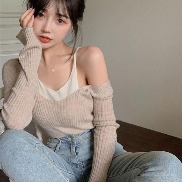 women's sweaters knitted base sweater spring and autumn slim fake two-piece strapless tight-fitting short pullover, White;black
women's sweaters knitted base sweater spring and autumn slim fake two-piece strapless tight-fitting short pullover, White;black