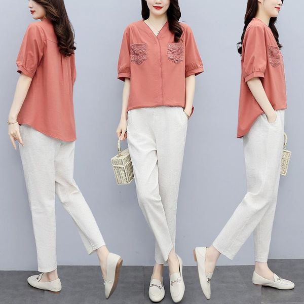 women's two piece pants cotton linen suit 2pcs, short sleeved shirt and v-neck, lace pocket, korean coat, solid trousers,, White
women's two piece pants cotton linen suit 2pcs, short sleeved shirt and v-neck, lace pocket, korean coat, solid trousers,, White