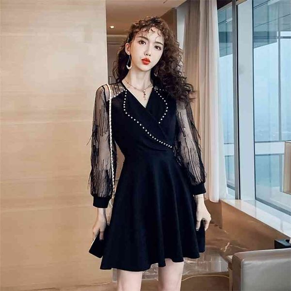 spring autumn women's dress french hepburn style mesh stitching v-neck long sleeve slim female es gx705 210507, Black;gray
spring autumn women's dress french hepburn style mesh stitching v-neck long sleeve slim female es gx705 210507, Black;gray