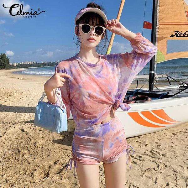 celmia 2021 summer drawstring beach swimwear women's fashion tie-dye 3pcs swimsuits korean style conservative cover-ups, White;black
celmia 2021 summer drawstring beach swimwear women's fashion tie-dye 3pcs swimsuits korean style conservative cover-ups, White;black