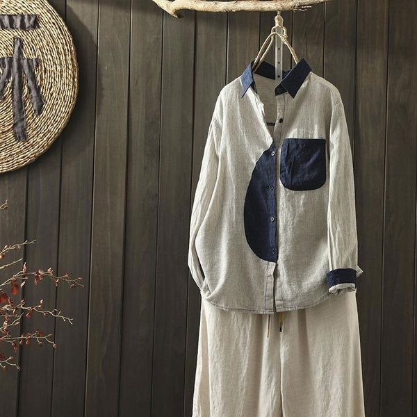 women's blouses & shirts spring arts style women long sleeve single pocket loose cotton linen patchwork vintage blouse femme, White
women's blouses & shirts spring arts style women long sleeve single pocket loose cotton linen patchwork vintage blouse femme, White