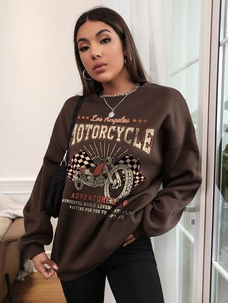 motorcycle and slogan graphic drop shoulder sweatshirt u44m#, White;black 
motorcycle and slogan graphic drop shoulder sweatshirt u44m#, White;black