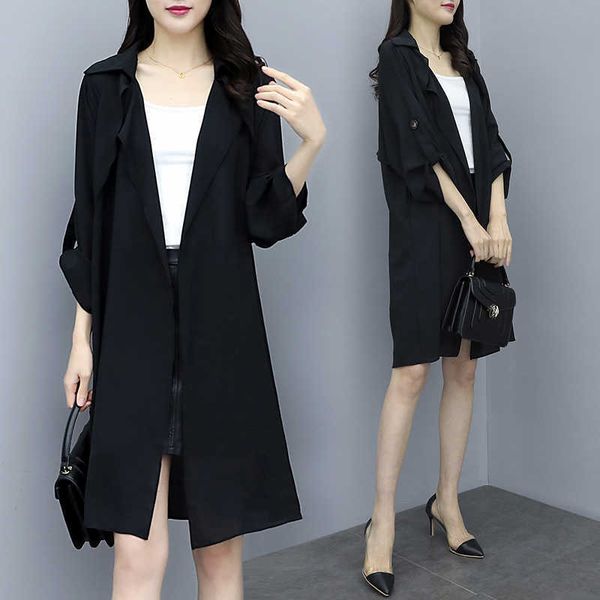 korea spring summer thin trench coat plus size women's loose casual chiffon turn-down collar 210615, Tan;black
korea spring summer thin trench coat plus size women's loose casual chiffon turn-down collar 210615, Tan;black