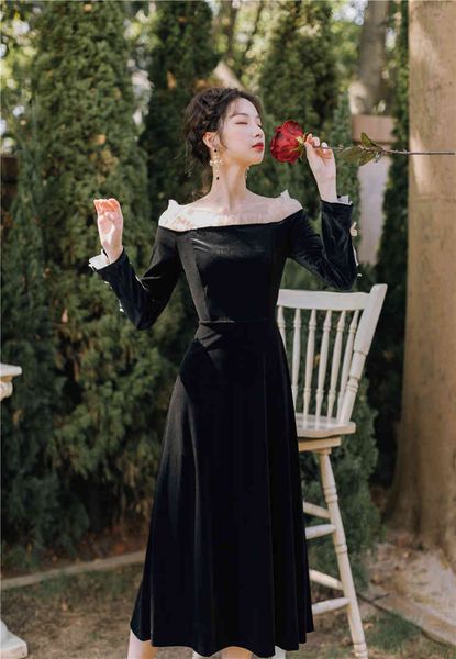 a line long-sleeved fashion women's clothing black autumn and winter velvet dresses slash neck vintage dress women, Black;gray
a line long-sleeved fashion women's clothing black autumn and winter velvet dresses slash neck vintage dress women, Black;gray