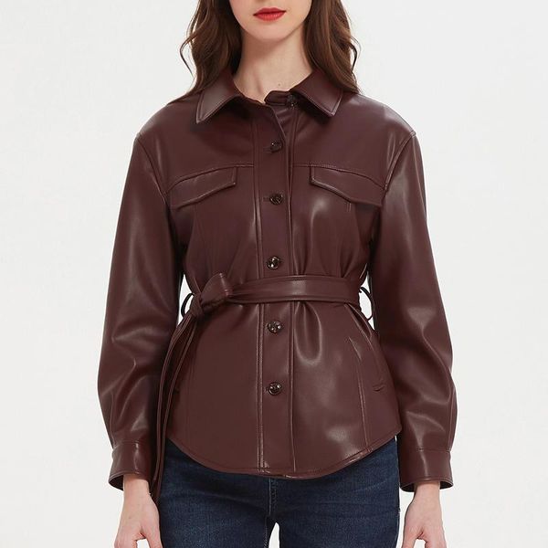 women's leather & faux 2022 autumn women moto biker jacket with belt streetwear female slim single breasted pu coat outwear, Black
women's leather & faux 2022 autumn women moto biker jacket with belt streetwear female slim single breasted pu coat outwear, Black