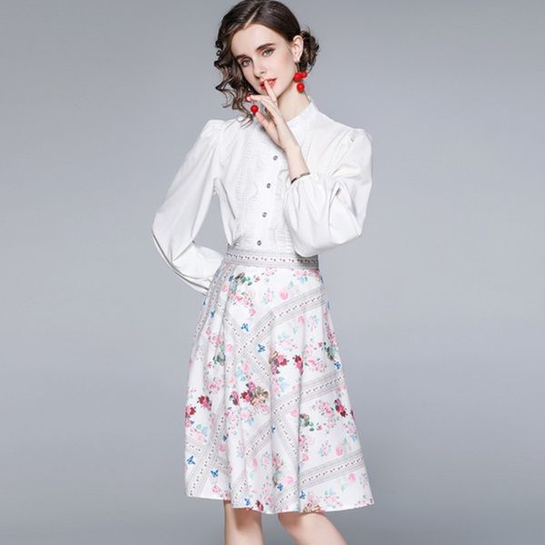 women elegant 2 piece set fashion sweet ruffles puff sleeve white shirt + high waist floral printed midi skirt suit 210518
women elegant 2 piece set fashion sweet ruffles puff sleeve white shirt + high waist floral printed midi skirt suit 210518
