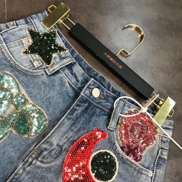 women's shorts 2021 arrivals moon stars sequins embroidery tassel patch raw denim female fashion women me670 e5f5, White;black 
women's shorts 2021 arrivals moon stars sequins embroidery tassel patch raw denim female fashion women me670 e5f5, White;black