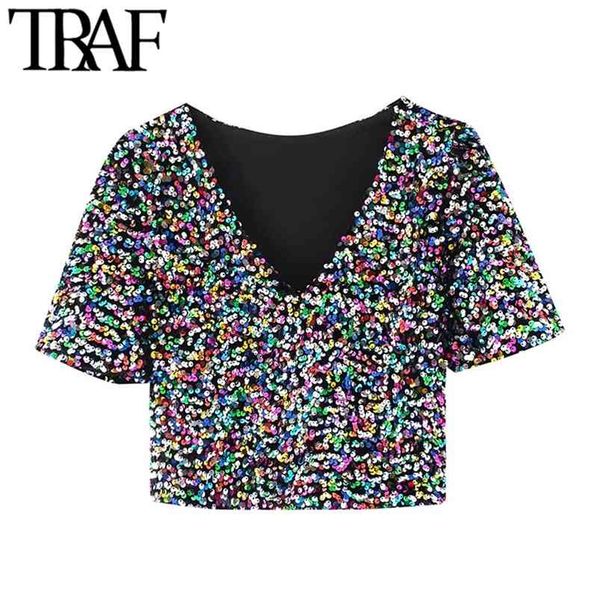 women fashion color shiny sequin cropped blouses vintage short sleeve side zipper female shirts chic 210507, White
women fashion color shiny sequin cropped blouses vintage short sleeve side zipper female shirts chic 210507, White