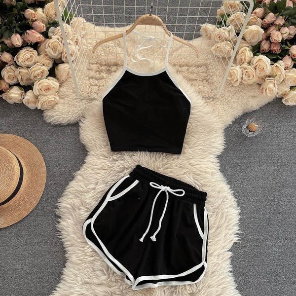 ins sportswear two piece sets women tracksuit striped print halter neck sleeveless crop elastic drawstring shorts suits women's tracksu, Gray
ins sportswear two piece sets women tracksuit striped print halter neck sleeveless crop elastic drawstring shorts suits women's tracksu, Gray