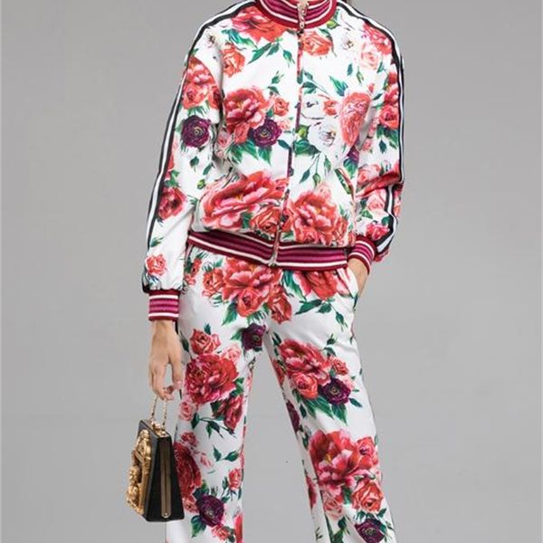 women's two piece pants spring runway rose print jackets+pants leisure chic women casual pantsuits d697, White
women's two piece pants spring runway rose print jackets+pants leisure chic women casual pantsuits d697, White