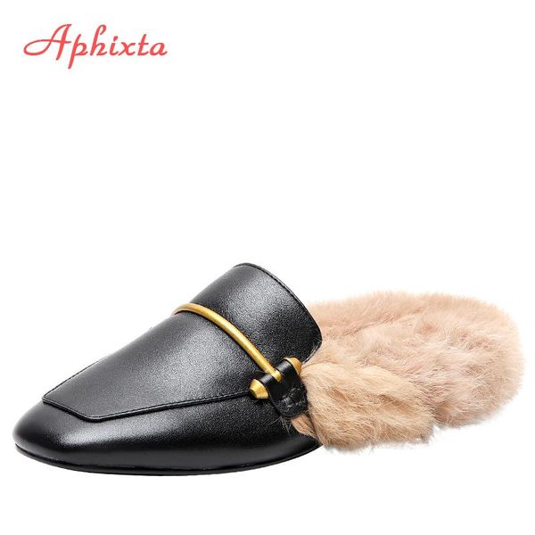 slippers aphixta 2021 genuine leather mules real hair shoes women slides winter warm fashion metal buckle, Black
slippers aphixta 2021 genuine leather mules real hair shoes women slides winter warm fashion metal buckle, Black