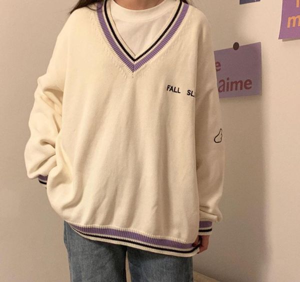 women's sweaters women ulzzang letter chic vintage v-neck daily oversize preppy girls knitwear fall casual all-match ins womens sweater, White;black
women's sweaters women ulzzang letter chic vintage v-neck daily oversize preppy girls knitwear fall casual all-match ins womens sweater, White;black