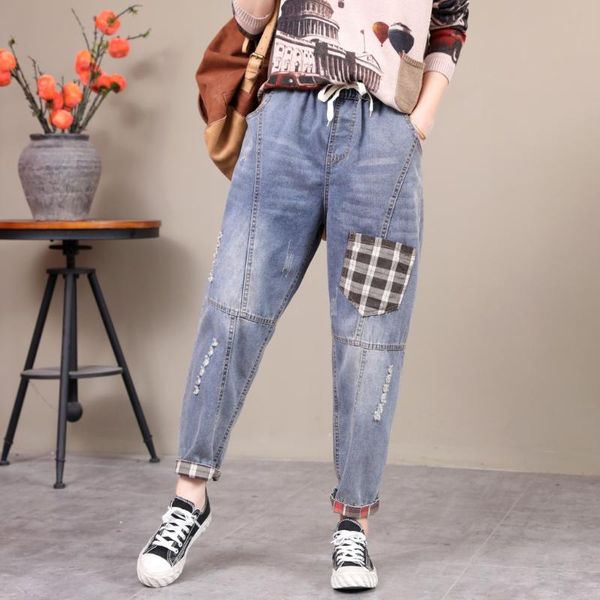 women's jeans literary style plaid cloth denim harem pants loose elastic waist washed feet ankle-length, Blue
women's jeans literary style plaid cloth denim harem pants loose elastic waist washed feet ankle-length, Blue