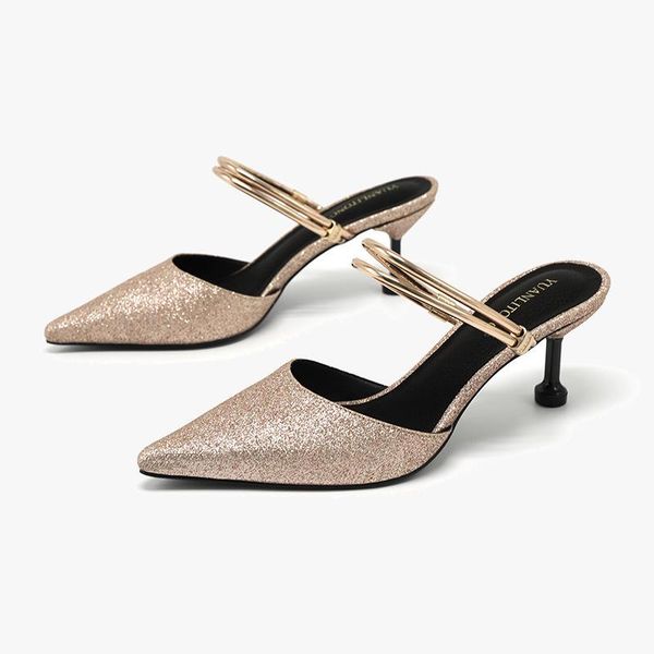 women sandals high heels summer shoes sequined cloth slip on 6cm thin pointed toe shallow golden silver, Black
women sandals high heels summer shoes sequined cloth slip on 6cm thin pointed toe shallow golden silver, Black