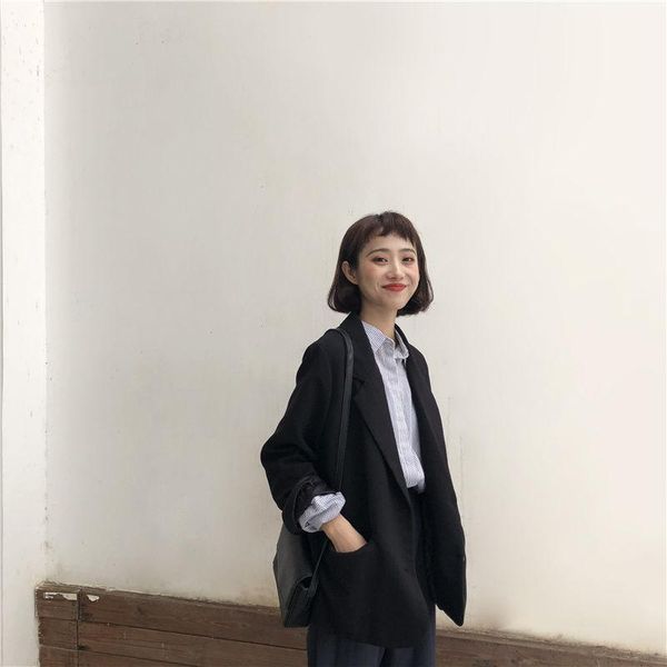 women's suits & blazers 2021 arrival korean style spring/autumn women long sleeve single breasted coat all-matched black notched collar, White;black
women's suits & blazers 2021 arrival korean style spring/autumn women long sleeve single breasted coat all-matched black notched collar, White;black